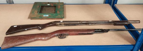 A vintage square surround for Webley Target shooting; a Daisy pump action BB gun and an air rifle (