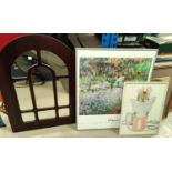 A gilt framed wall mirror; a panelled wall mirror; a nursery print etc