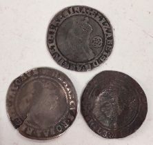 Two hammered silver Elizabeth I coins, sixpence and another; a similar James I coin