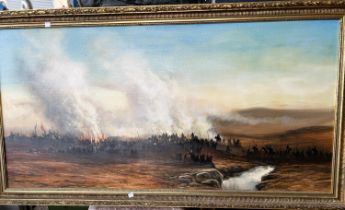 Nance:  Battle scene in moorland landscape, oil on canvas, signed, framed