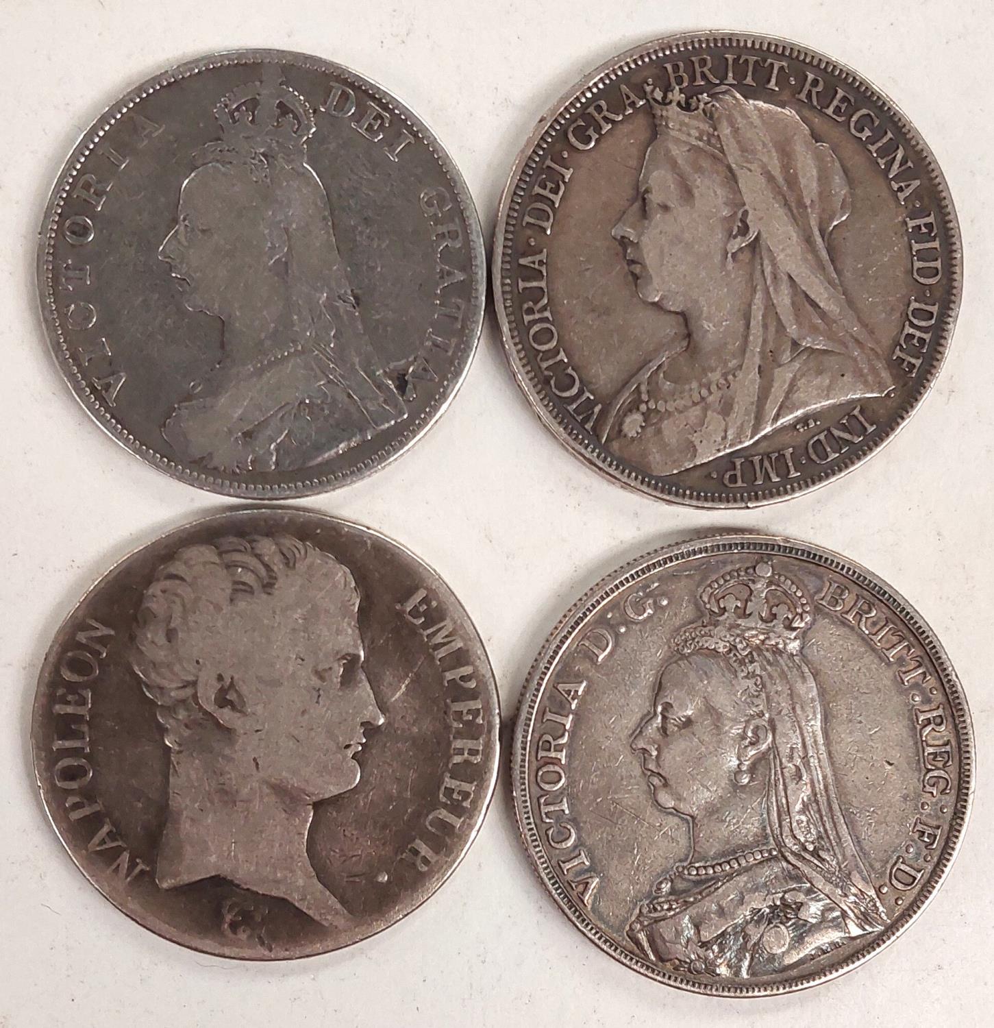 Victorian crowns: 1889 and 1897; double florin, 1889; a Napoleon 5 francs 1804 A (An 13)