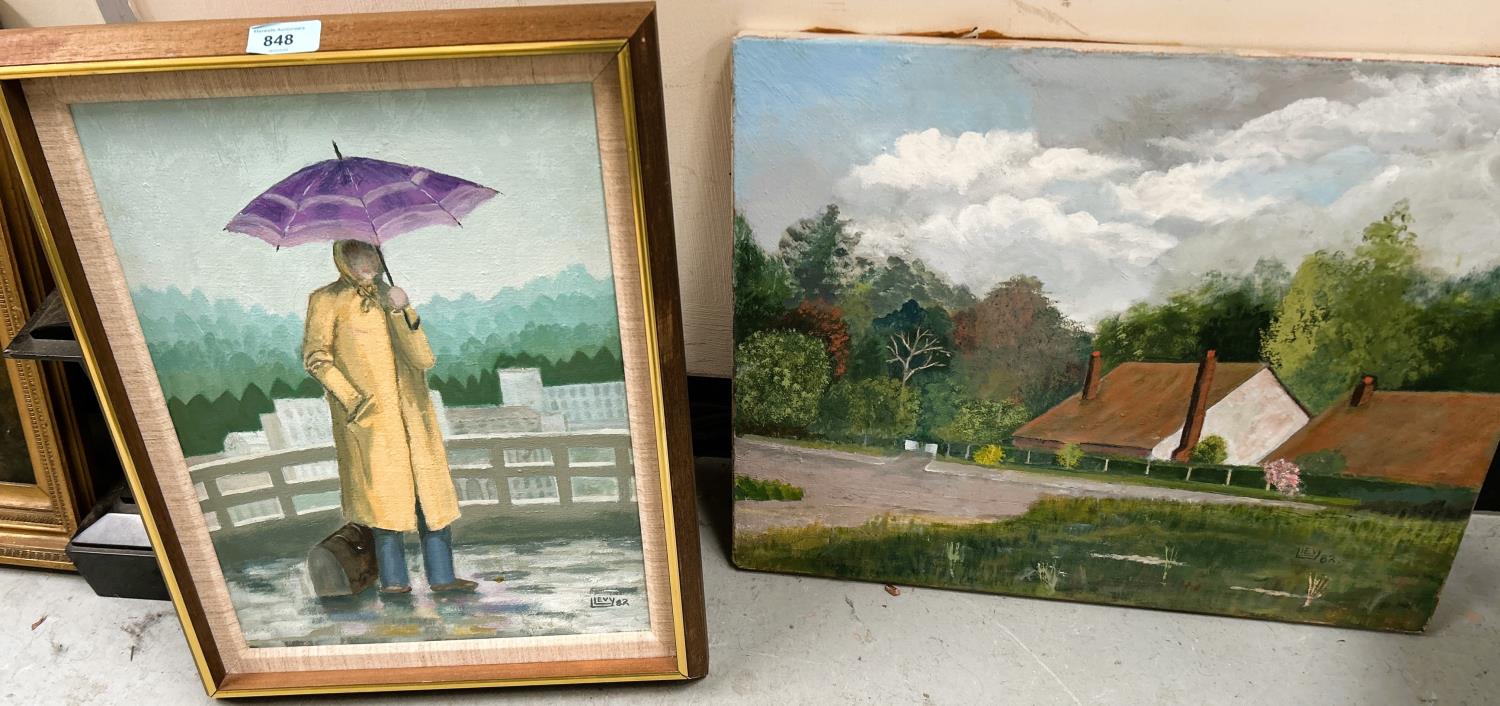 An oil on canvas of a person with an umbrella, another oil and prints