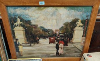 Moy (20oth century). Parisian street scene oil on board, oak framed, signed bottom left, 49x65cm