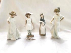 Three Nao figures:  2 x girls in long dresses; girl with parasol; a Lladro girl with piglet,