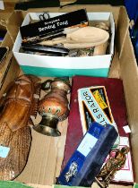 A box of collectables including Rolls Razor; originally boxed African Masks; 78 rpms etc.