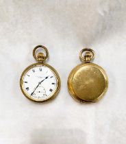 An open faced keyless gold plated pocket watch (not going, case worn); a gold plated Hunter pocket