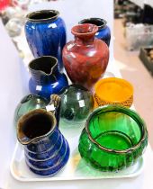 Four large blue glaze vases and jugs:  Bourne Denby; etc.