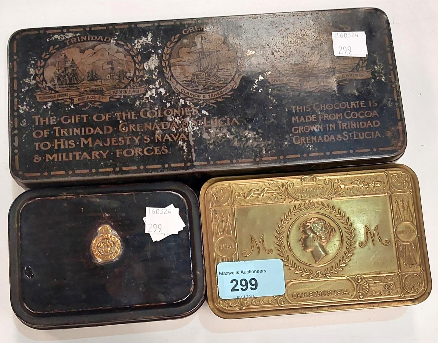 WWI - A Christmas 1914 brass tobacco box, 1 similar tin, a gun cleaning kit