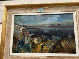 Hamish Lawrie:  "Peat Cutters", oil on board, signed, 29 x 44cm, framed