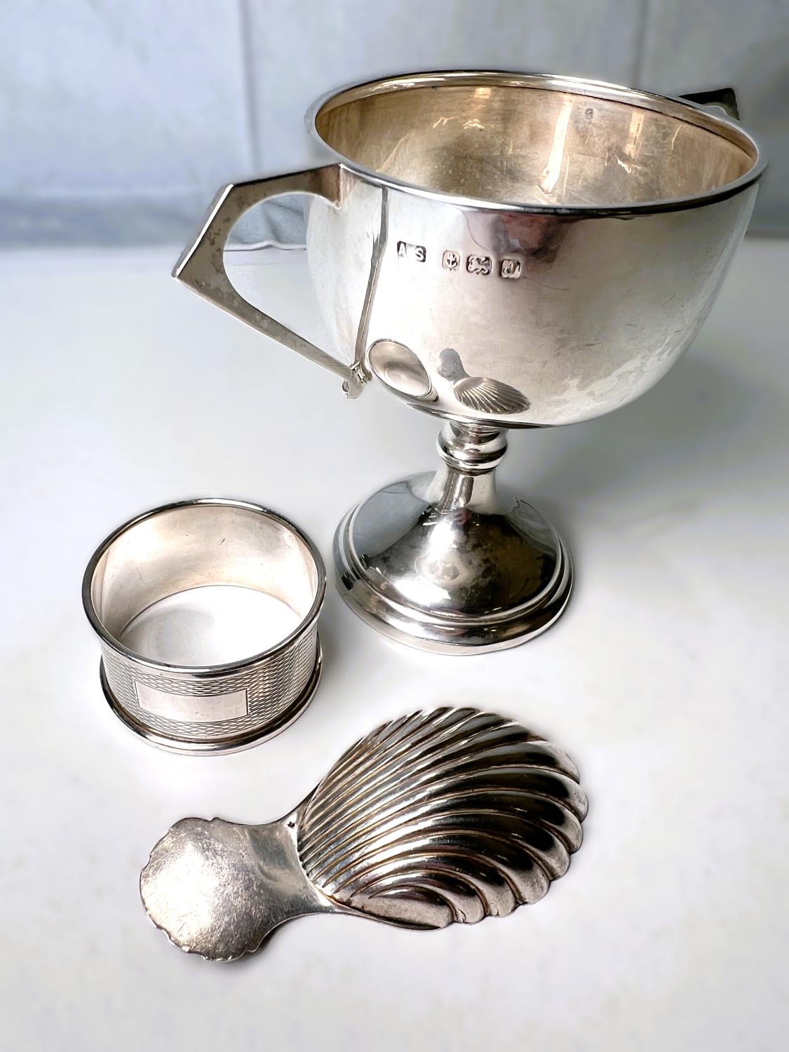 A hallmarked silver trophy double handle trophy cup, inscribed, Birmingham 1933/4; a shell bowl - Image 3 of 5