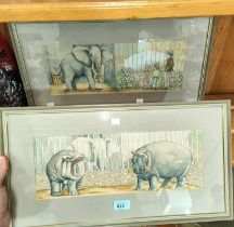 French 20th C: a pair of pen and wash sketches of elephants and hippos, unsigned, 14 x 38cm, framed