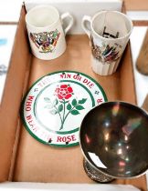 A Lancaster Rose enamel plaque with associated photograph, 3 pieces of WWI peace ceramics; an EPNS