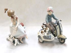 Two Lladro groups:  boy on motor scooter with puppies in side car, impressed 3794, height 20cm; girl