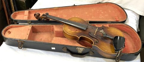 A late 19th/ early 20th century two piece back violin in hard case (splits to body)