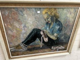 A mid 20th century oil on board of a woman lacing ballerina shoes, signed bottom right, framed and