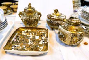 Three early 20th century Japanese satsuma coloured vases, and a square dish, length 16cm