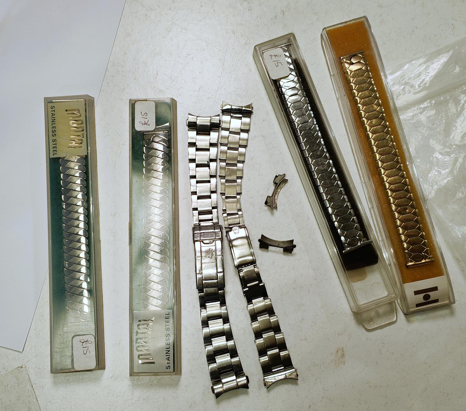 A riveted Rolex stainless steel watch strap, another dive style watch strap and other various