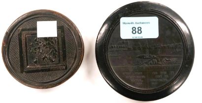 An early 19th century lacquer patch box with embossed view of Westminster Bridge, 10cm; another in