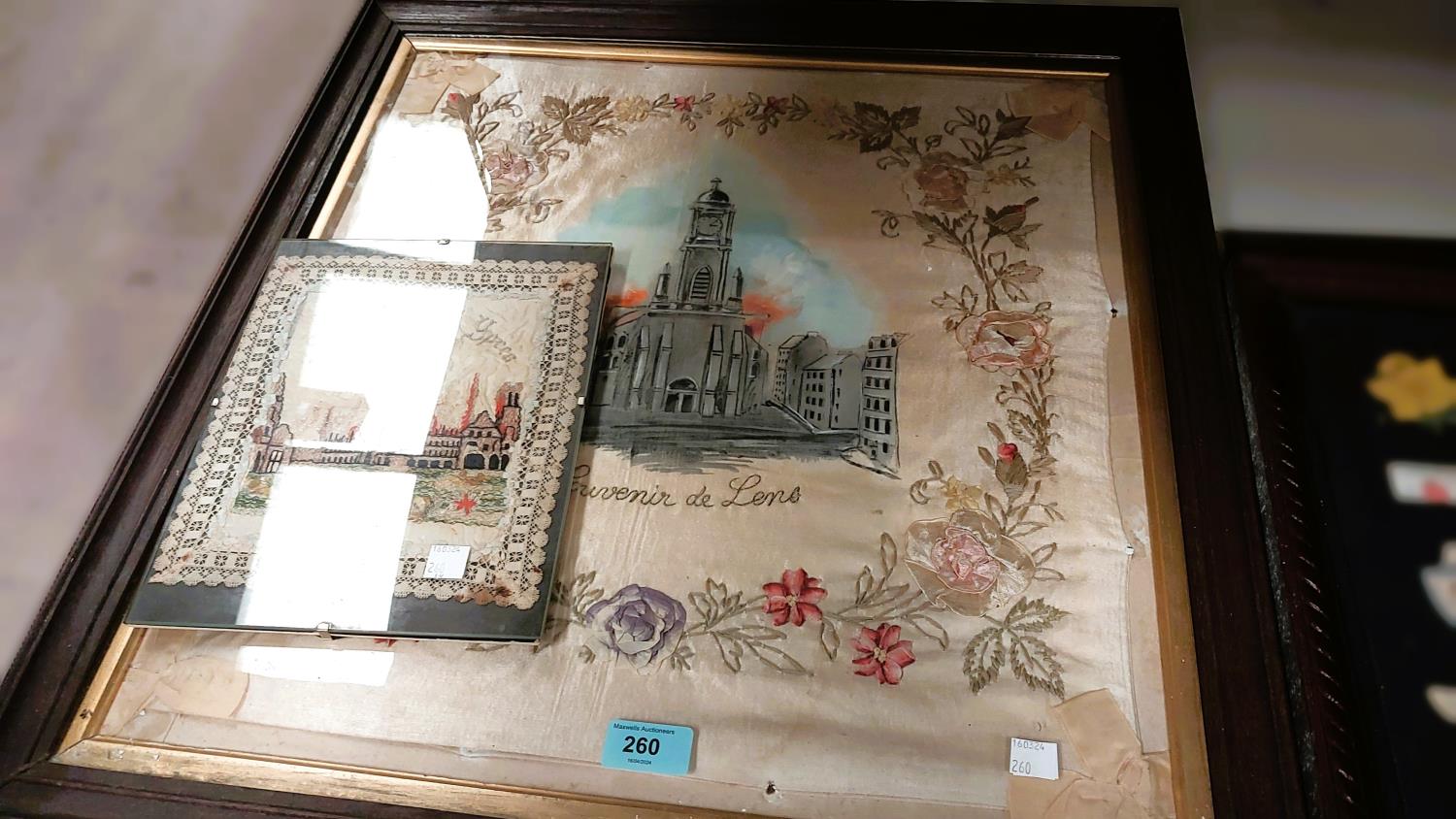 A WWI period embroidery Souvenir de Lens, 48 x 45cm and a smaller similar Souvenir d'Ypres