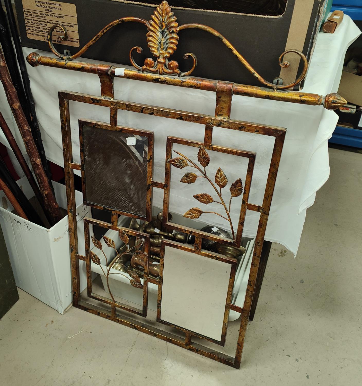 A wrought gilt metal firescreen with mirror and leaf panels; a large selection of brass - Image 2 of 2