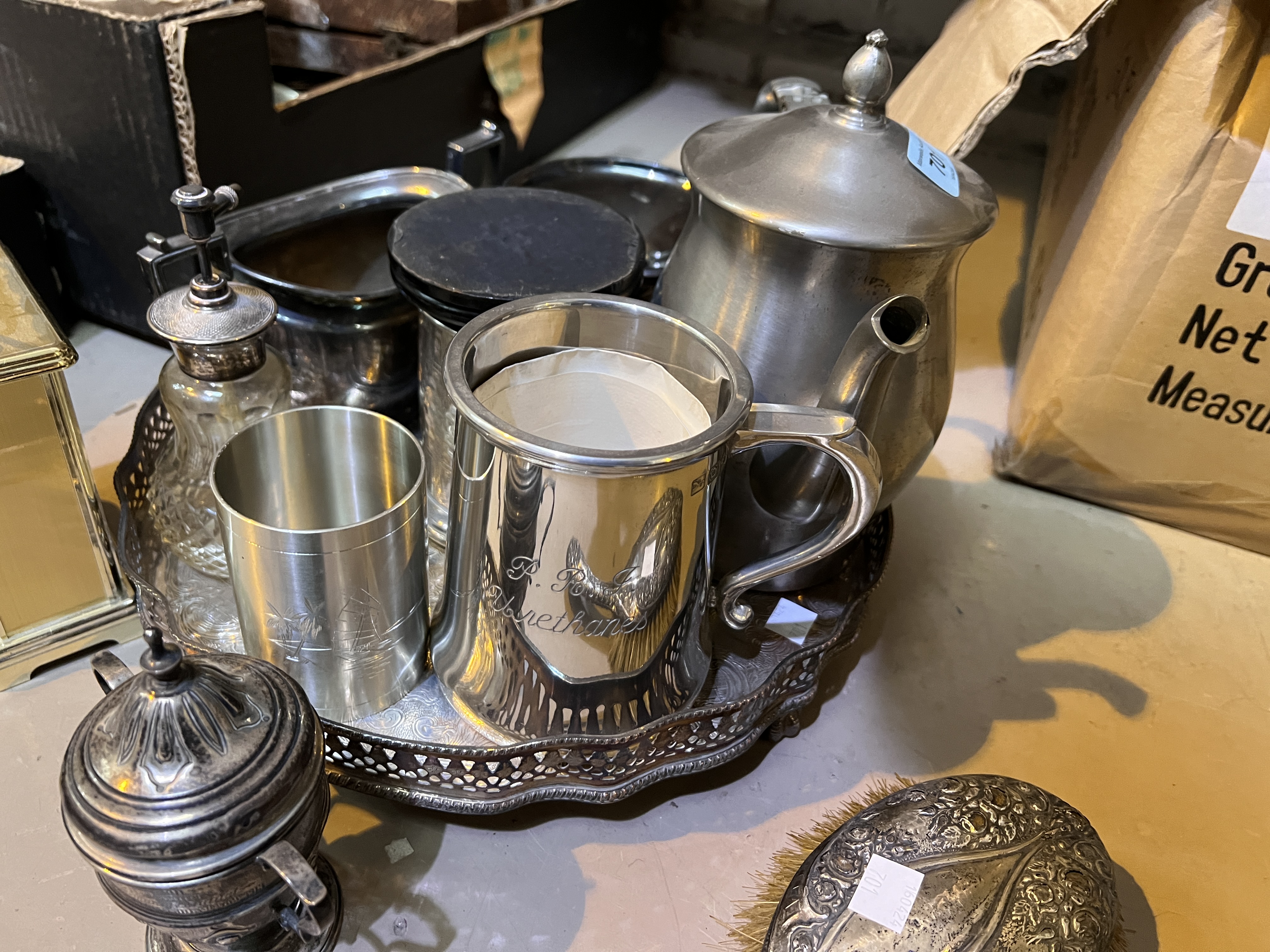 A hallmarked silver small covered trophy with 2 handles, Birmingham 1911, 3oz; a silver back - Image 2 of 2