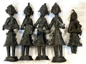 A set of 5 African copper figures playing musical instruments, ht. 22cm (one leg a/f)