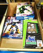 Three boxed sets of Marvel lego and two Subbuteo boxes