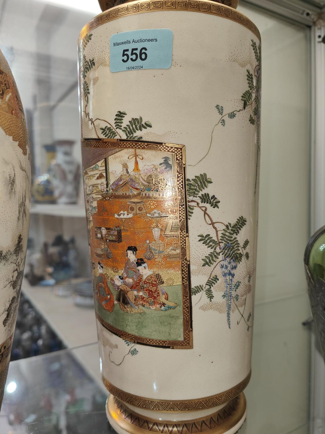 Two early 20th century Japanese satsuma vases decorated with panels of warriors and women & - Image 4 of 8