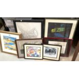 A selection of prints and watercolours, framed.