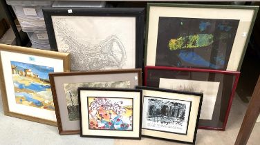 A selection of prints and watercolours, framed.