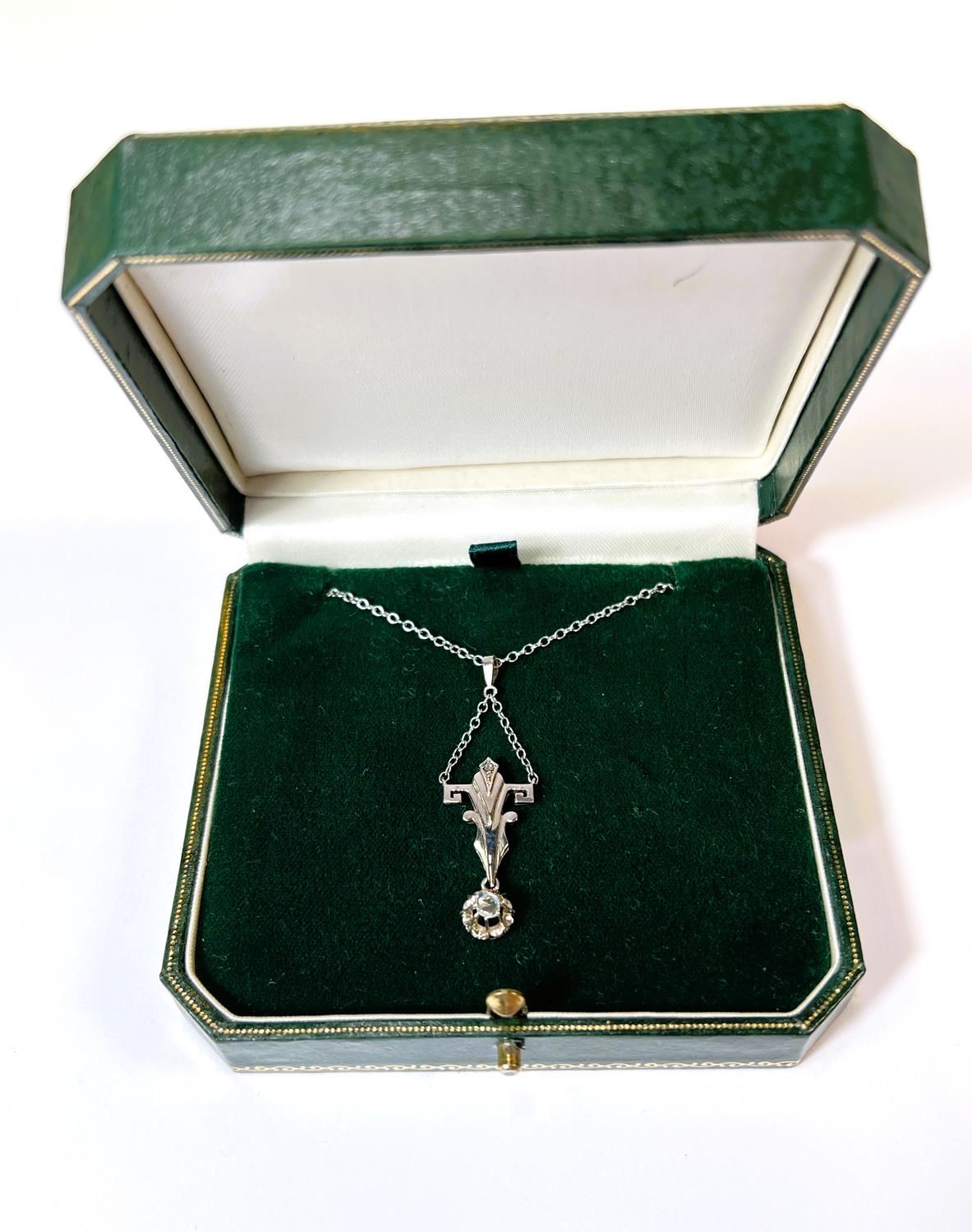 An Art Deco cruciform style white metal pendant with diamond drop, tests as 9ct, on fine chain - Image 8 of 8