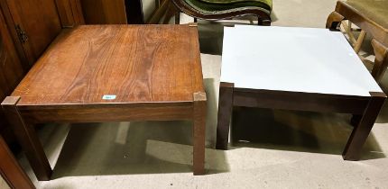 A mid 20th century teak coffee table with flip white or wooden top, 60 x 60 x 35 and a similar