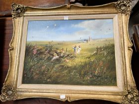 Dyer: oil on canvas of girls flying kites in field, gilt frame 29 x 39cm