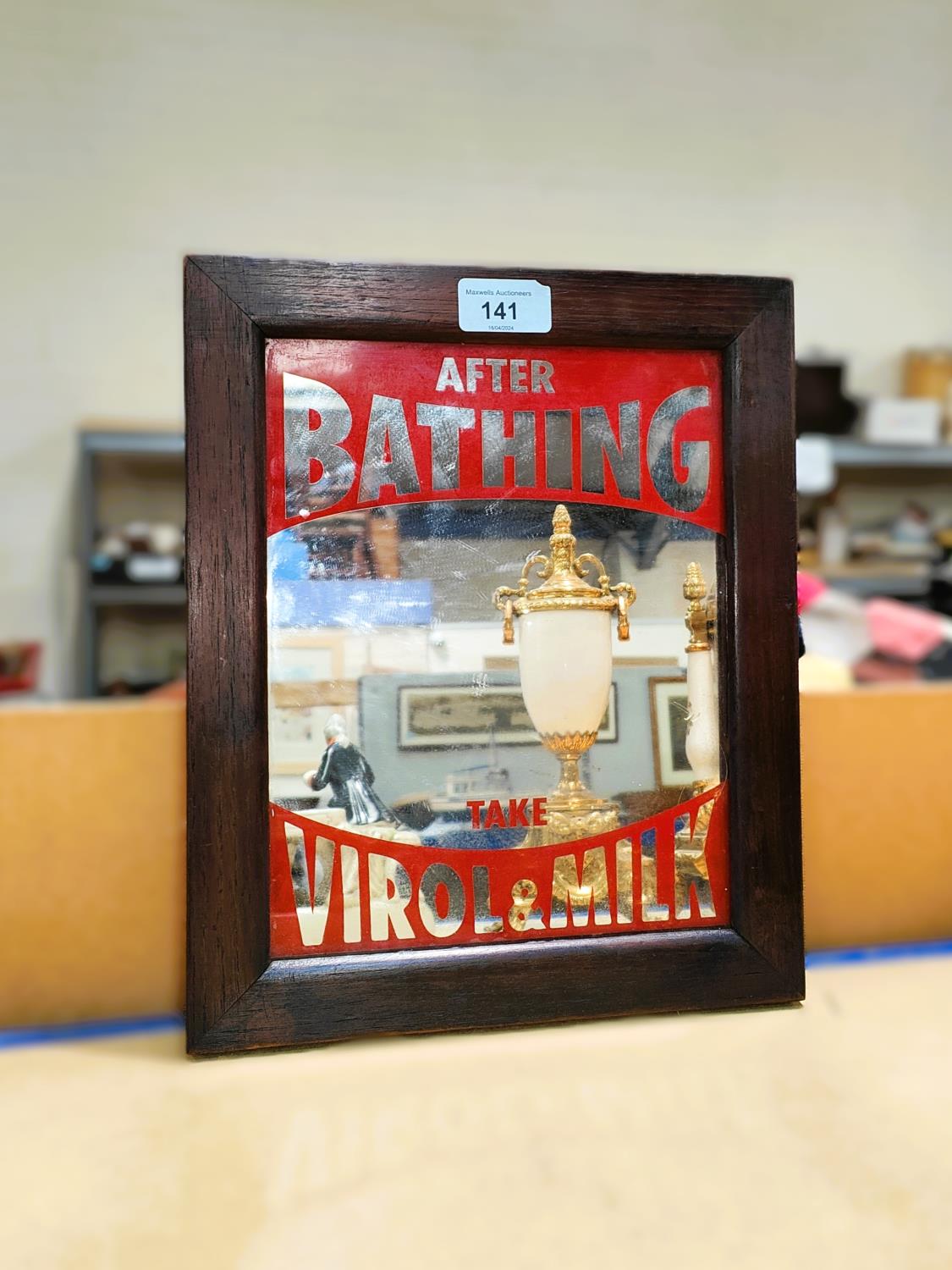 A vintage advertising mirror, 'After Bathing Take Virol & Milk', wooden frame, 24 x 19cm