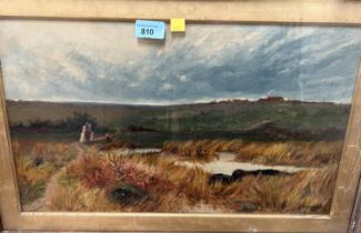 19th Century:  Moorland landscape with figures by a pool, oil on canvas, signed indistinctly, 29 x