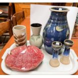 A Lannock Pottery blue studio pottery vase, a pair of studio pottery candlesticks Kamini, other
