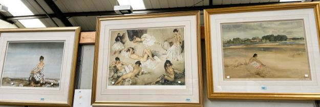 After William Russel Flint, limited edition print blind stamp, semi clad female sat on beach and a