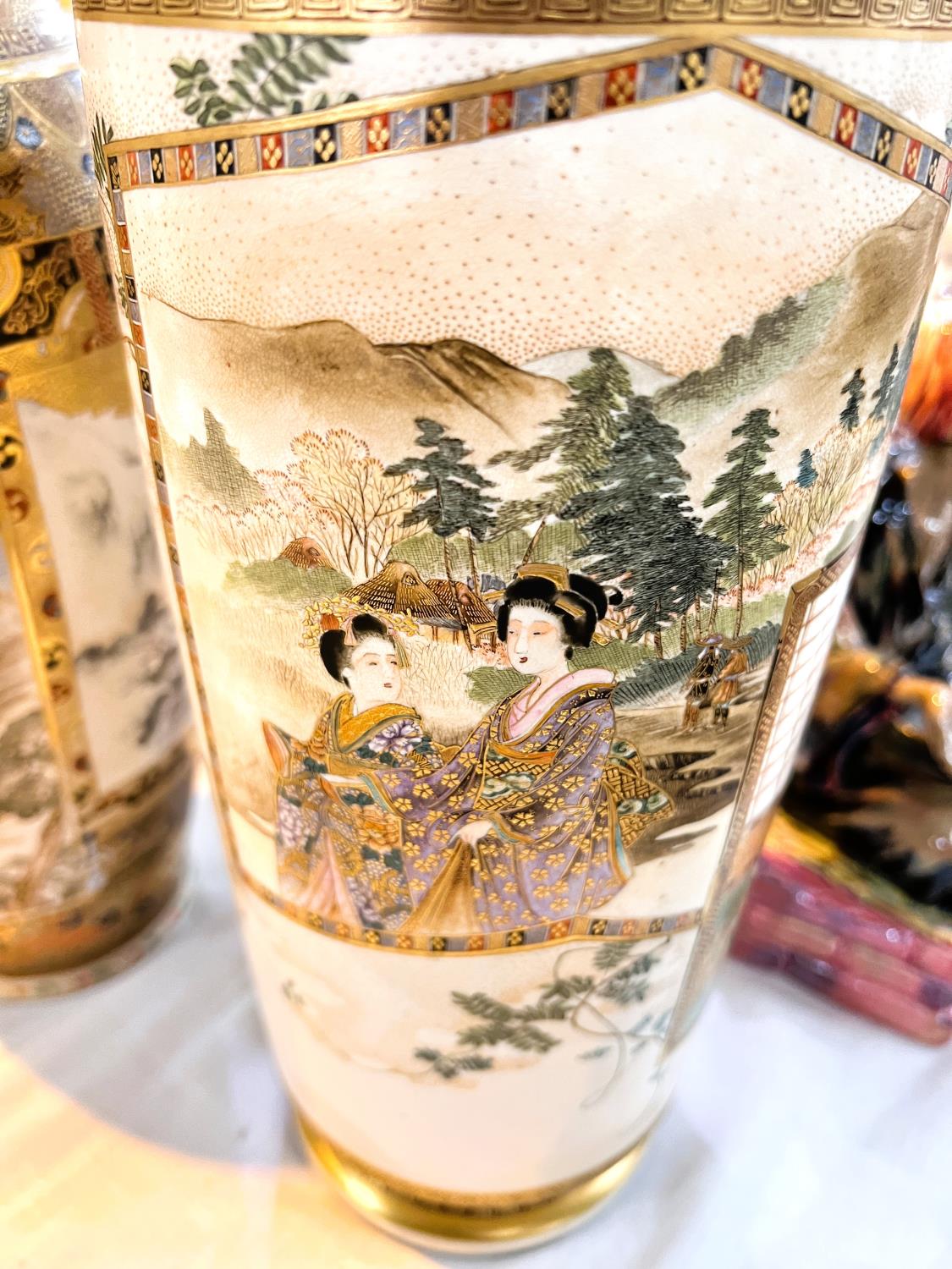 Two early 20th century Japanese satsuma vases decorated with panels of warriors and women & - Image 7 of 8