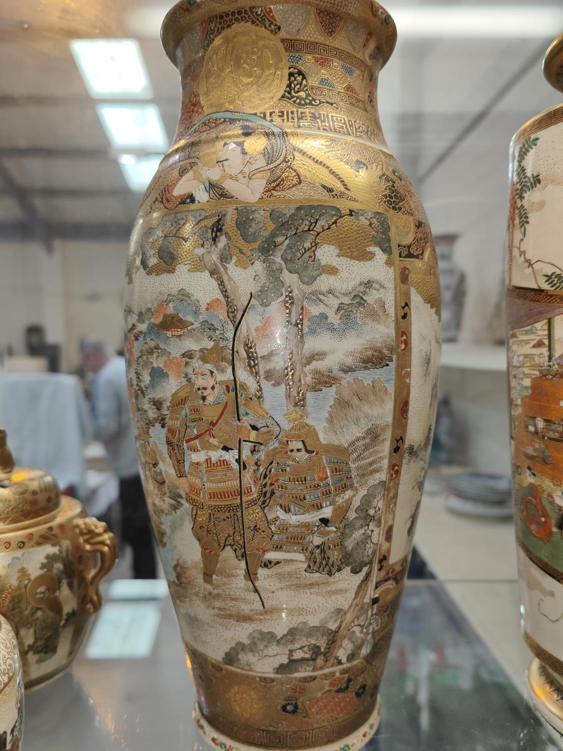 Two early 20th century Japanese satsuma vases decorated with panels of warriors and women & - Image 5 of 8