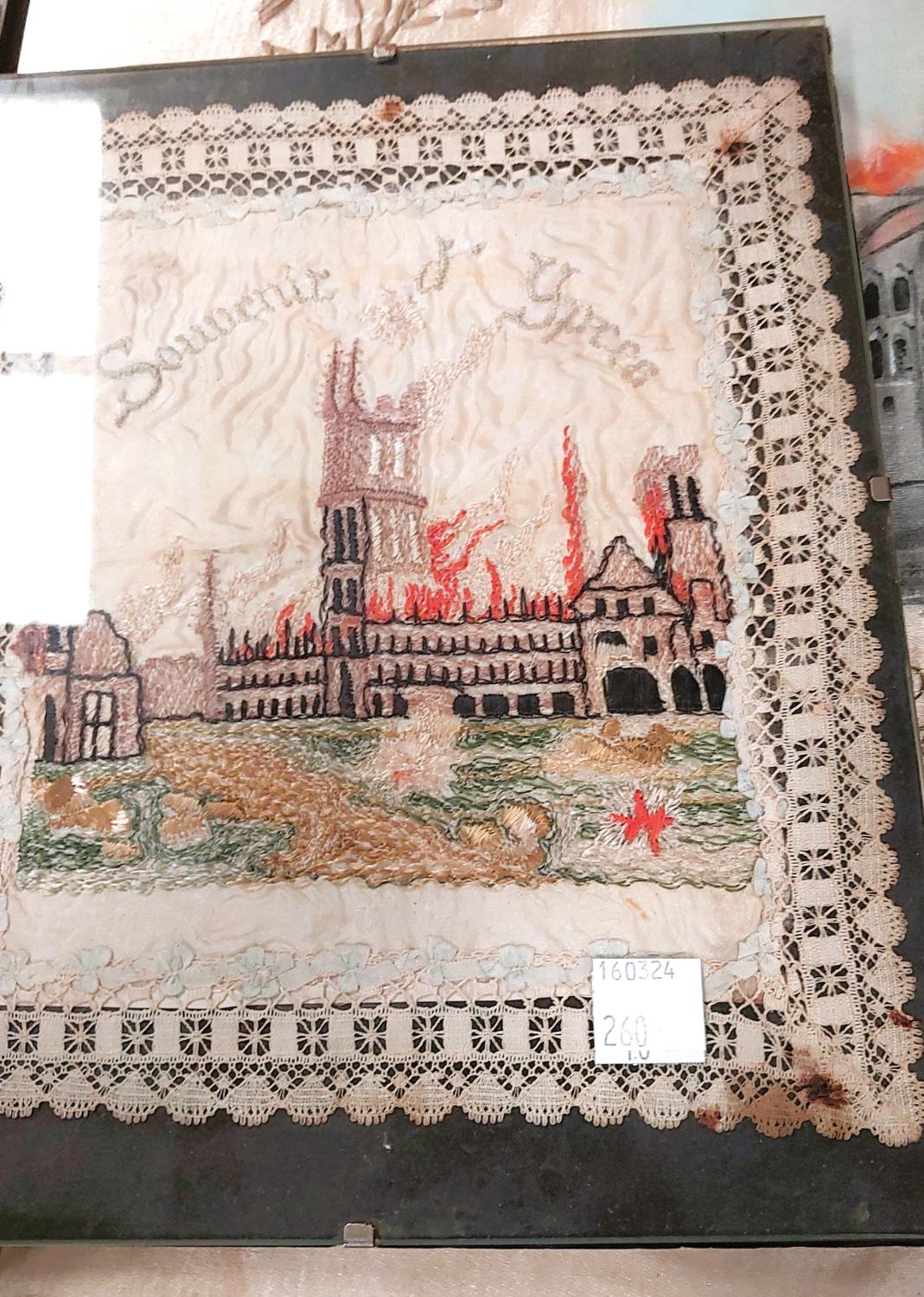 A WWI period embroidery Souvenir de Lens, 48 x 45cm and a smaller similar Souvenir d'Ypres - Image 2 of 2