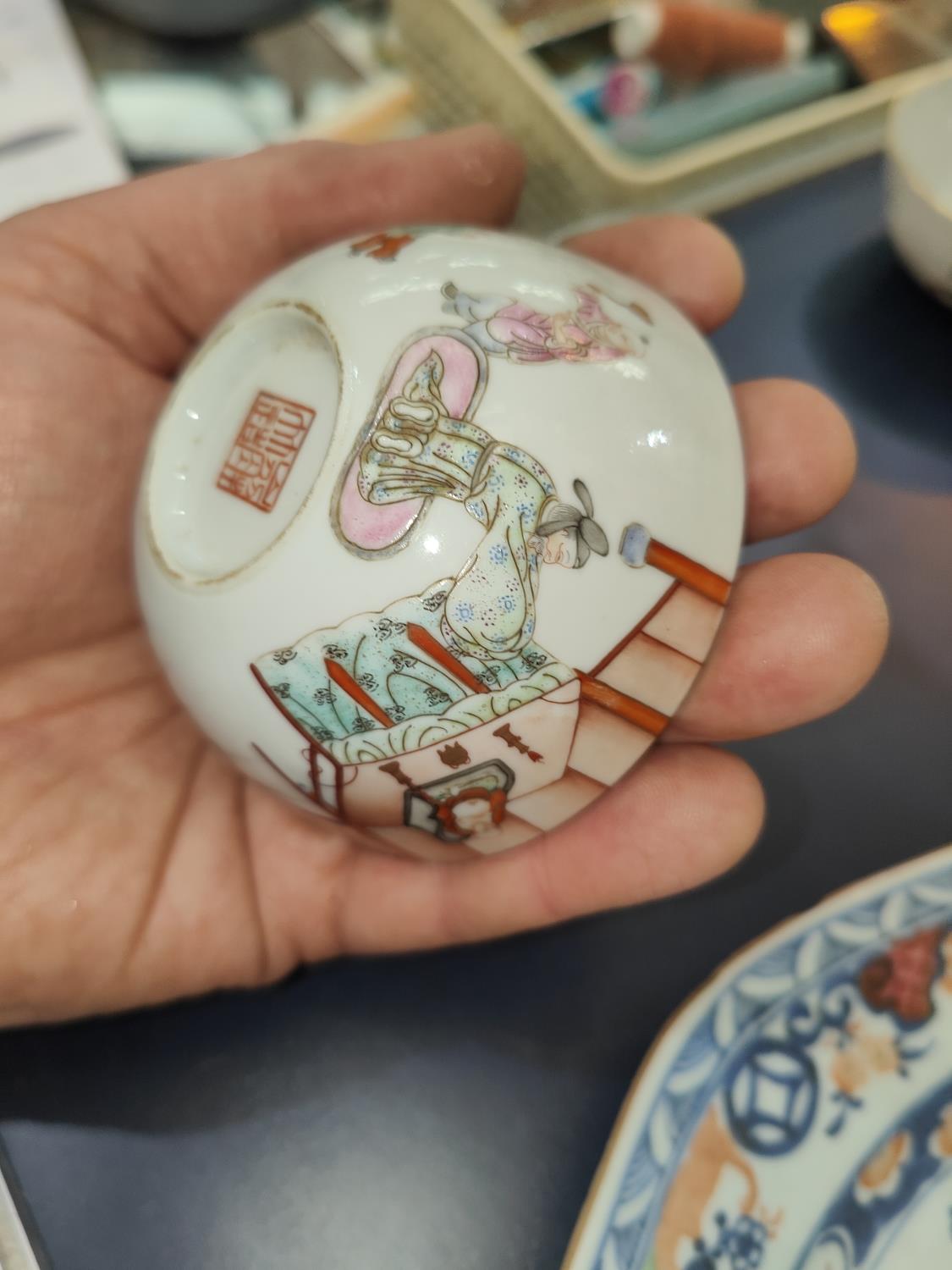 A pair of Chinese shallow tea bowls decorated with polychrome figure at altar, seal mark to base, - Image 2 of 9