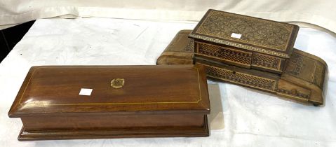 A walnut and Tunbridgeware jewellery box with hinged lid, cantilevered centre and small drawers; a