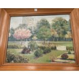 Bess Davis: oil on board of garden scene in city, wooden frame, 34 x 44cm