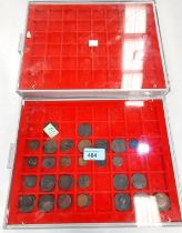 Early GB and foreign coins in a linder tray; 2 other linder trays