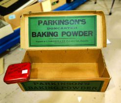 A cardboard advertising box 'Parkinson's Baking Powder Doncaster' and a Will's Handy Cut Flake tin