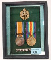 WWI pair of medals to 48482 IAM H. KIRKBY, RAF, in display case with cap badge