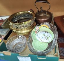 A 19th century copper kettle; a brass jardiniere; a heavy cut glass boat shaped bowl etc.