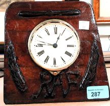 RAF carved wood clock case, (later movement), 28cm high