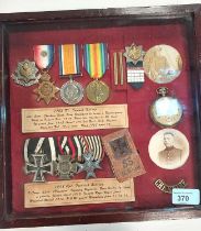WWI 14 star tria to 1702 Pte Samuel HARROP, Cheshire Rgt. in display case with a group of 3 medals