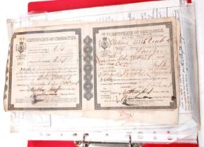A mid Victorian Naval discharge certificate dated 1857, and a quantity of ephemera